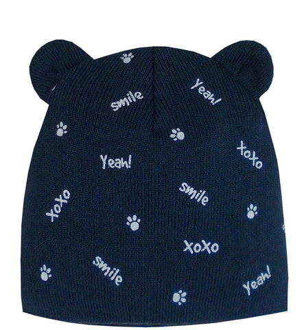 Boys' Dark Blue Printed Beanie with Ears ~0-6 months | 44/029-C