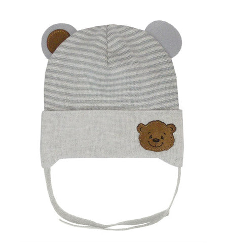 Boys' Light Gray Hat with Bear Patch ~0-12 months | 44/032-D