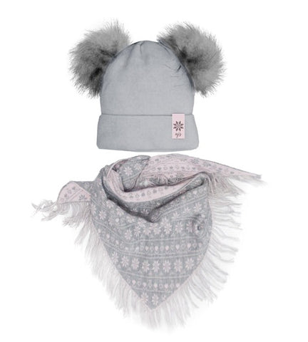 Girls Gray Beanie with Pompoms and Scarf Set ~ 6-12 years | 44/495-G