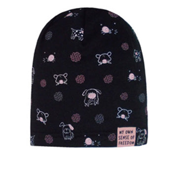 Black Girls' Beanie with Cats and Dogs Pattern -4-5 Years | 46/049-50-BL