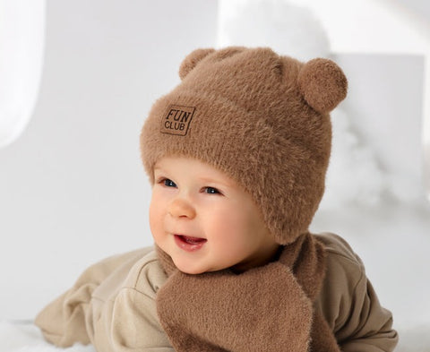 Baby Brown Beanie with Bear Patch and Tube Scarf Set ~ 0-12 month | 46/412