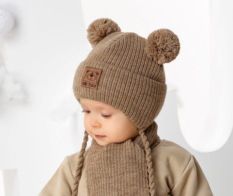 Baby Boy Light Brown Tied Beanie with Bear Patch and Scarf Set ~ 0-12 month | 46/417