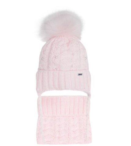 Girls' Powder Pink Tied Hat with Pompom and Tube Scarf Set ~ 1-5 Years | 46/420