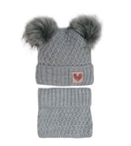 Girls' Gray Hat with Two Pompoms and Tube Scarf Set ~ 6-12 Years | 46/452