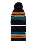 Boys' Dark Blue and Multicolor Hat with Pompom and Tube Scarf Set ~4-8 years | 46/472-A