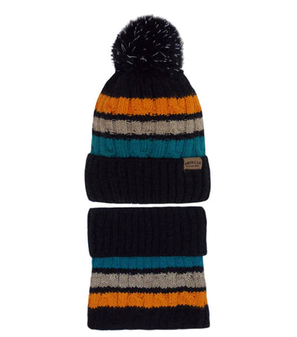Boys' Dark Blue and Multicolor Hat with Pompom and Tube Scarf Set ~4-8 years | 46/472-A
