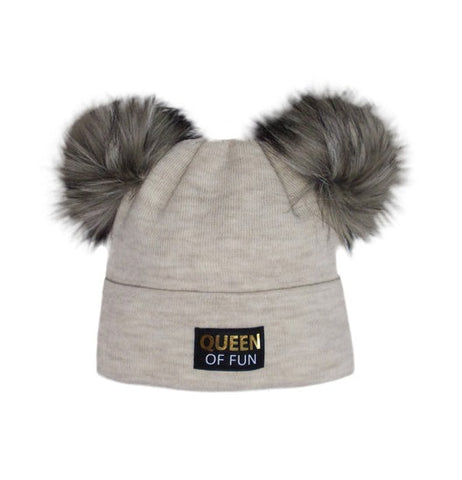 Girls' Beige Beanie with Two Pom Pom ~ 6-12 years | 46/486-BE