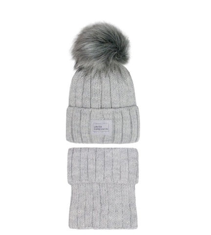 Womens' / Girls' Gray Hat with Pompom and Tube Scarf Set | 46/490