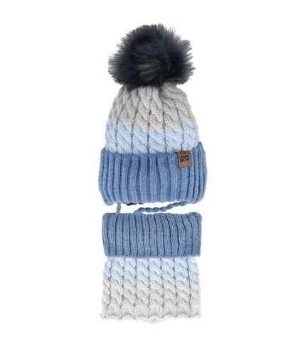 Boys' Blue and Multicolor Tied Beanie with Pom-Pom and Tube Scarf Set ~ 1-3 years | 48/342-D