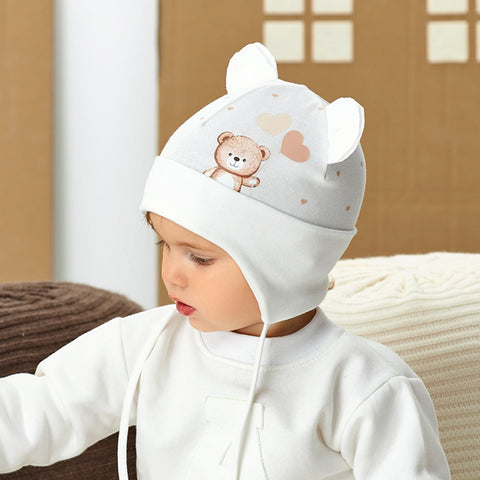White Girls' Tied Hat with Bear Print - 1-3 Years | 48/010-W