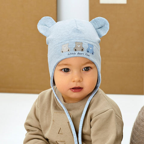 Boys' Light Blue Tied Hat with Bear Print ~ 1-3 Years | 48/023-A