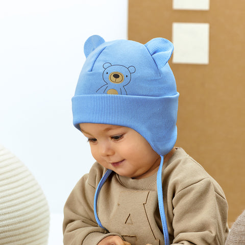 Boys' Tied Blue Hat with Bear Print- 1-3 Years | 48/025