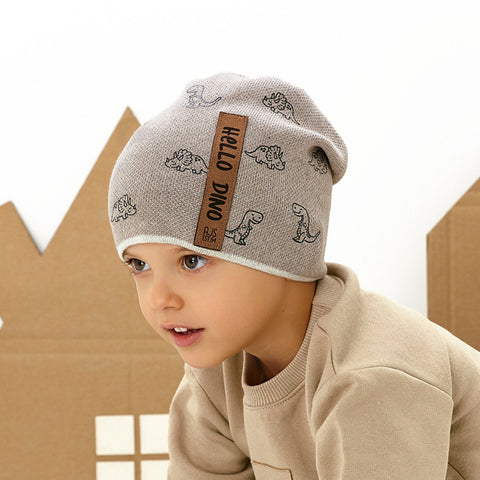 Boys' Beige Beanie with Dinosaur Pattern ~ 4-8 years | 48/084-A