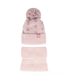 Girls' Powder Pink Dotted Hat with Pompom and Tube Scarf Set ~6-12 Yeras | 48/364-PP