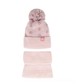 Girls' Powder Pink Dotted Hat with Pompom and Tube Scarf Set ~6-12 Yeras | 48/364-PP
