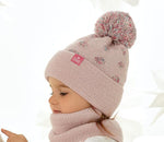 Girls' Powder Pink Dotted Hat with Pompom and Tube Scarf Set ~6-12 Yeras | 48/364-PP