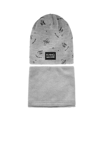 Boys' Gray Beanie with Planes Pattern and Tube Scarf Set ~4-8 years | 48/368-F