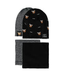 Boys' Black Double-sided Beanie with Tigers Pattern and Tube Scarf Set ~4-8 years | 48/370-B