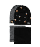 Boys' Black Double-sided Beanie with Tigers Pattern and Tube Scarf Set ~4-8 years | 48/370-B