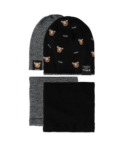 Boys' Black Double-sided Beanie with Tigers Pattern and Tube Scarf Set ~4-8 years | 48/370-B