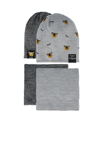Boys' Gray Double-sided Beanie with Tigers Pattern and Tube Scarf Set ~4-8 years | 48/370-E