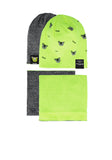 Boys' Lime Green Double-sided Beanie with Tigers Pattern and Tube Scarf Set ~4-8 years | 48/370-F