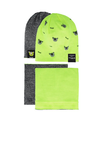 Boys' Lime Green Double-sided Beanie with Tigers Pattern and Tube Scarf Set ~4-8 years | 48/370-F