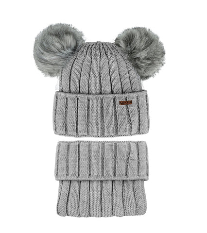 Girls' Gray Hat with Two Pompoms and Tube Scarf Set ~ 4-8 Years | 48/378-E