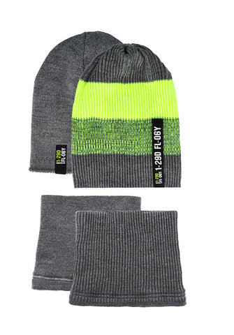 Boys' Lime Green and Graphite Double-sided Hat and Tube Scarf Set ~ 6-12 years | 48/410-D
