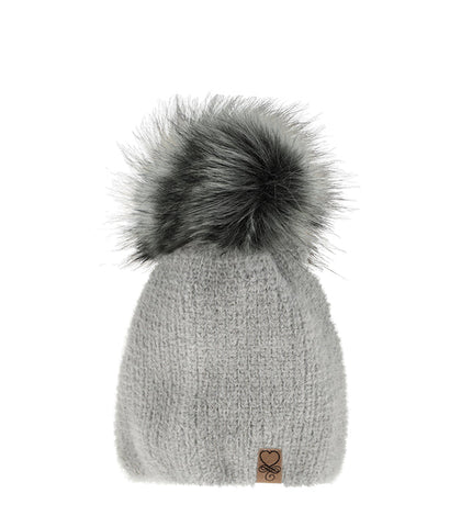Girls' Light Gray Beanie with Pompom ~ 6-12 years | 48/431-F