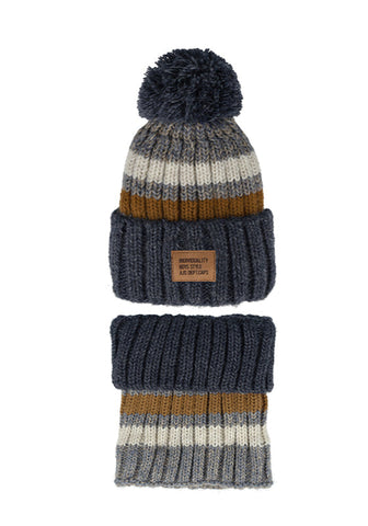 Boys' Dark Blue and Multicolor Hat with Pompom and Tube Scarf Set ~ 6-12 years | 48/441-A