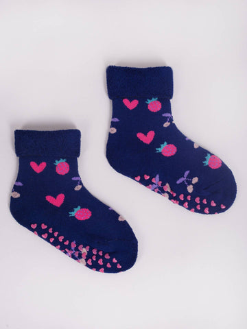 YO! Girls' Dark Blue Ankle Socks with ABS and Hearts Pattern | SKF-0005GAA-DB