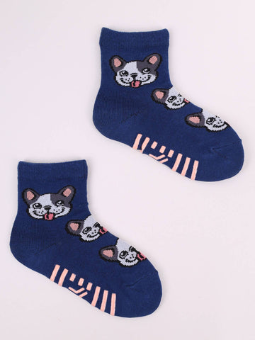 YO! Girls' Dark Blue Ankle Socks with ABS and Dogs Pattern | SKA-002G-DB2