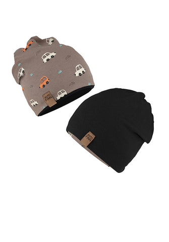 Boys' Light Brown and Black Printed Double-sided Beanie ~ 6-12 years | 50/076-C