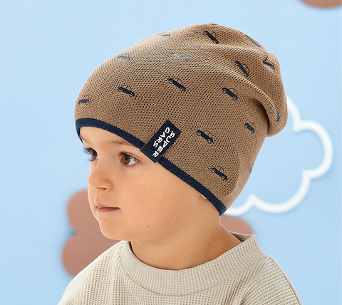 Boys' Light Brown Beanie with Cars Pattern ~ 4-8 years | 50/080-A