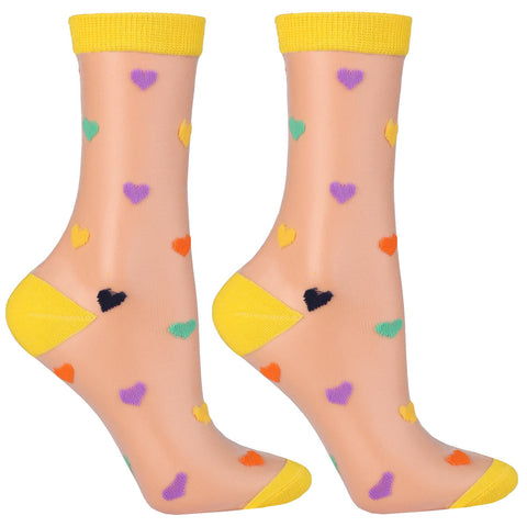 Women's Transparent Ankle Socks with Hearts Pattern | CSL200-902-Y