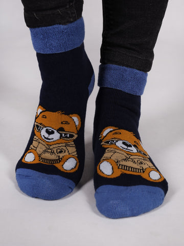 YO! Boys' Navy Blue Ankle Socks with Animal Embroidery and ABS | SKF-0005C-A20