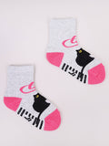 YO! Girls' Light Gray and Pink Ankle Socks with ABS and Cat Pattern | SKA-002G-LGP