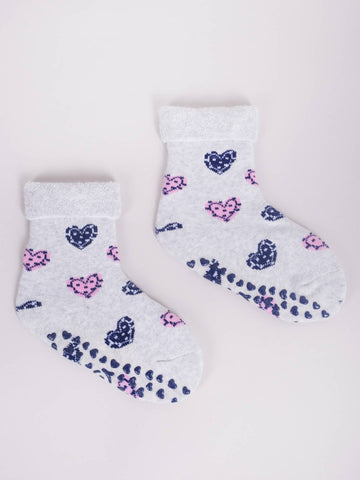 YO! Girls' Light Gray Ankle Socks with ABS and Hearts Pattern | SKF-0005GAA-LG1