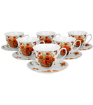Set of 6 White Porcelain Cups with Saucers with Poppies Pattern - 250 ml | DUO-M03