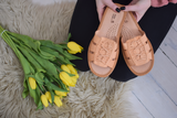 Women's Brown Folk Leather Slippers | K-1155
