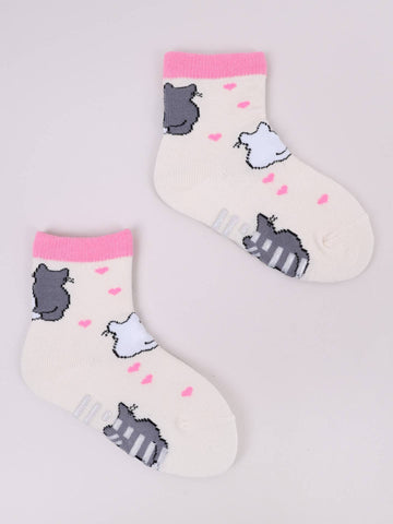 YO! Girls' Light Yellow Ankle Socks with ABS and Cats Pattern | SKA-002G-LY