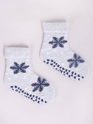 YO! Girls' Light Gray Ankle Socks with ABS and Snowflakes Pattern | SKF-0005GAA-LG