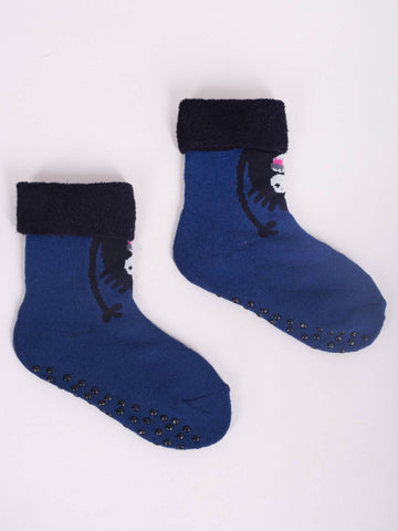 YO! Boys' Dark Blue Ankle Socks with Monster Embroidery and ABS | SKF-0005C-DB5