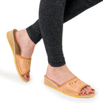 Women's Beige Wedge Leather Open Toe Slippers  | K-1149B