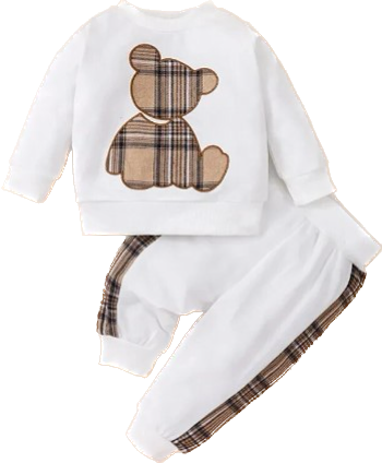 Cream White Sweatshirt and Pants Set with Bear Patch | GBH-12