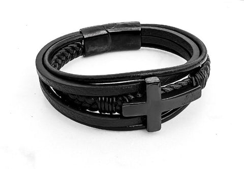 Mens' Black Leather Multilayer Cross Bracelet | BLU-BLCR