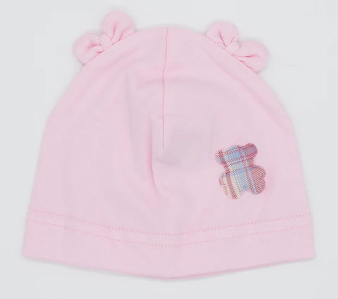 Newborn Light Pink Beanie with Bow Ears and Bear Patch -0-12 months| HAL-236-LP