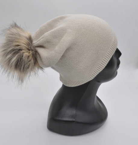 Women's / Teenager Light Beige Beanie with Pompom | 12K3653-LBE