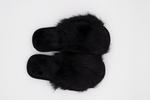 Womens Open Toe Black Slippers with Fluffy Cuff | 36P-BL